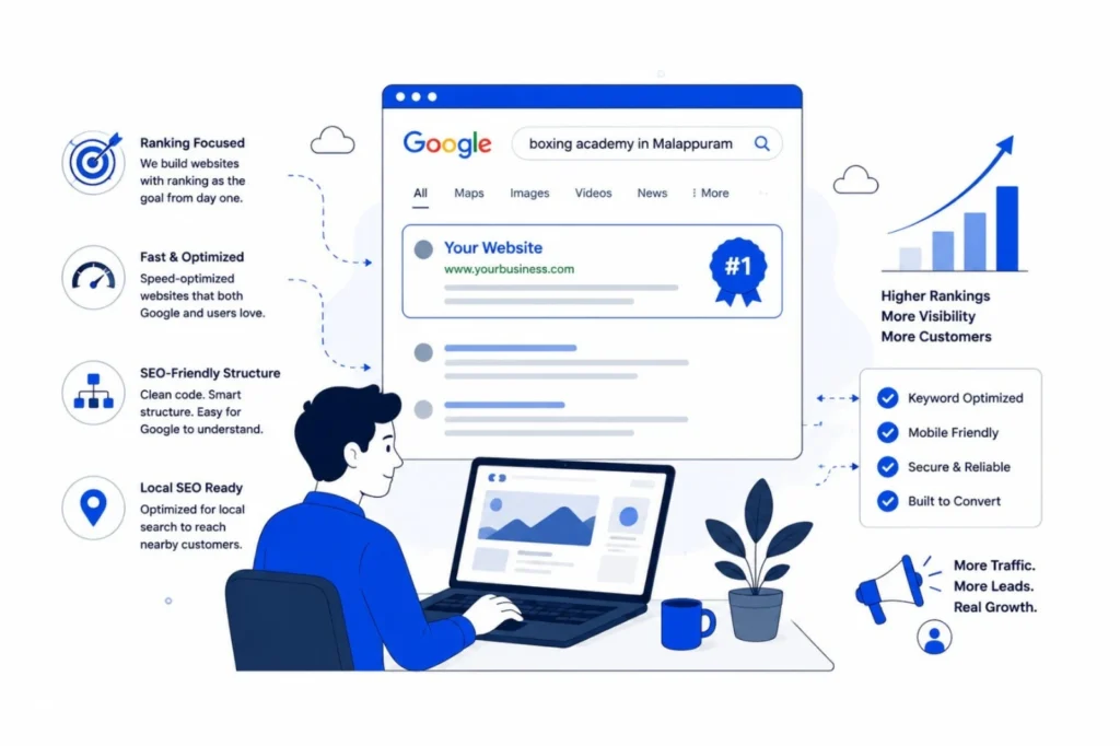 A digital marketer at the website development company in Kerala building a website to rank at the top of Google.