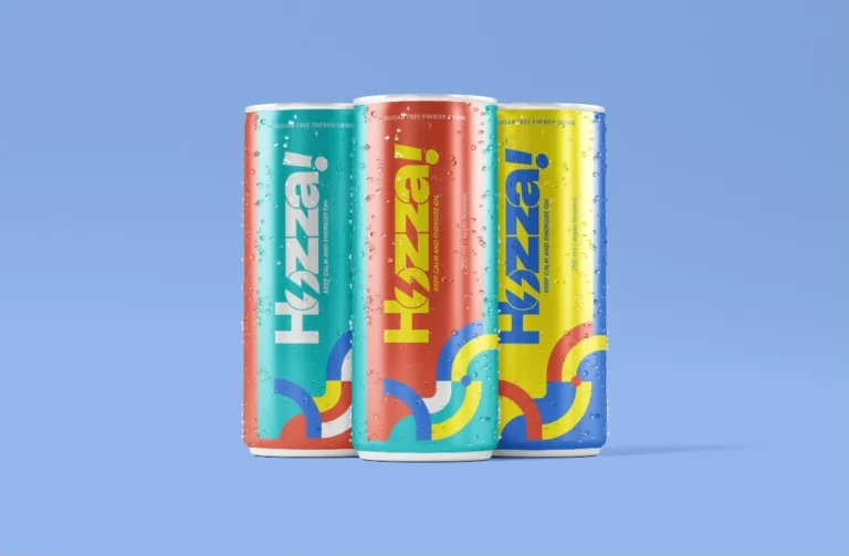 Energy drink can packaging design mockup for Hozza beverage brand