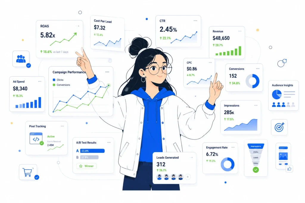 Meta Ads campaign strategy by a Meta Ads agency in Kerala focused on lead generation, audience targeting, campaign optimisation, and high-converting ad creatives.