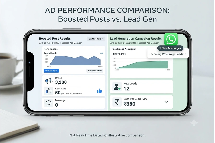 Comparison of boosted post result vs proper lead generation ad result for a Kerala small business