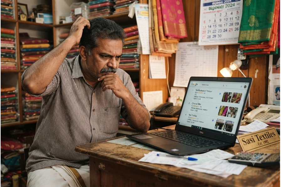 Kerala business owner looking at Google results where a competitor ranks higher despite being newer