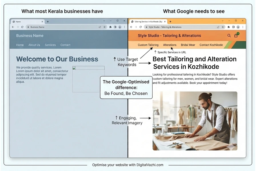 Comparison of an unoptimised vs SEO-optimised website homepage showing what Google needs to see
